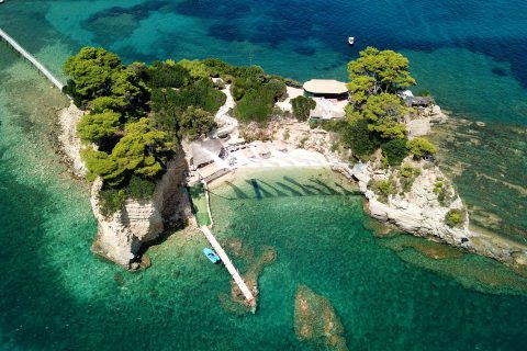 Aerial,Drone,View,Of,Famous,Islet,Of,Cameo,In,Agios